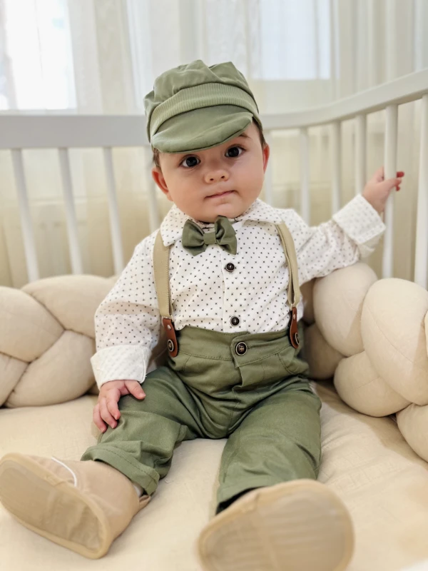 Gabardin Pantalon Keten Gömlekli Kasketli Askı Kemerli Papyonlu 5’li Premium Kalite Takım