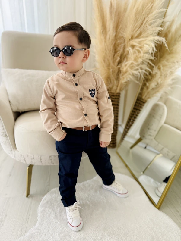 Hakim Yaka Ayarlanabilir Kollu Gömlekli Kemer Hediyeli Pantalonlu 3’lü Premium  Kalite Takım