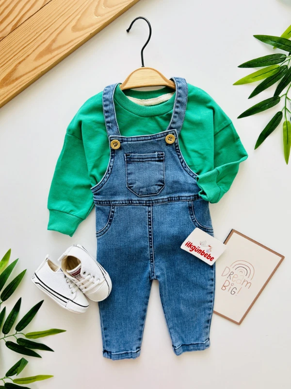 Likralı Yumuşacık Denim Esnek Kot Salopetli Sweatli 2’li Cool Unisex Takım