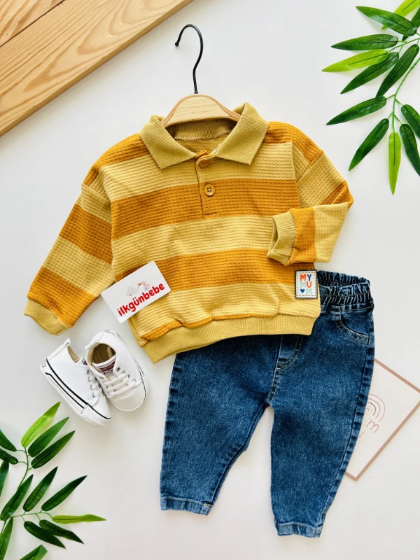 Lacos Yaka Çizgili Desenli Sweatli Likralı Esnek Kot Kumaş Pantalonlu 2’li Takım