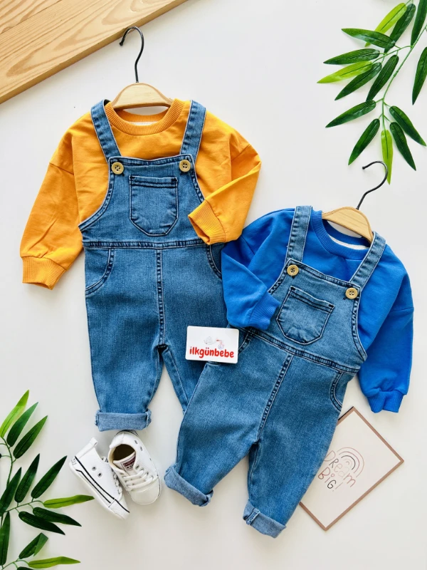 Likralı Yumuşacık Denim Esnek Kot Salopetli Sweatli 2’li Cool Unisex Takım