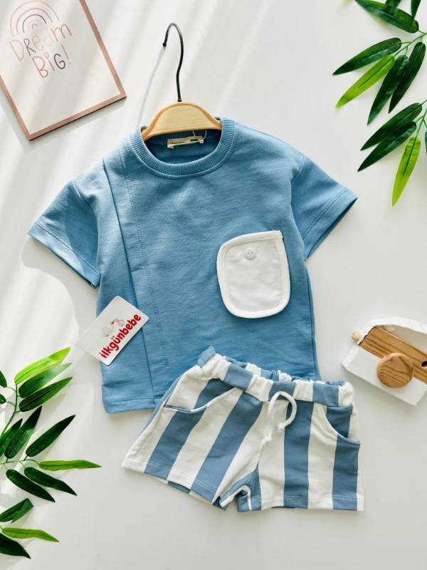 Cep Detaylı Oversize Çizgili Şortlu 2’li Cool Takım