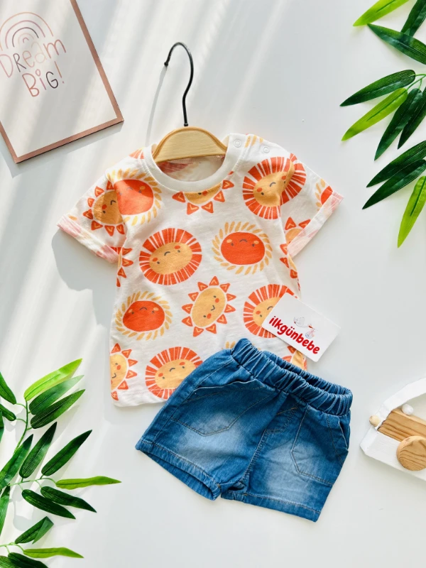 Güneş Baskılı Yaz Temalı Kot Şortlu 2’li Takım
