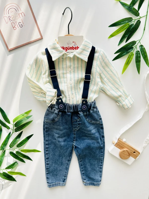 Çizgili Desenli Müslin Kumaşlı Gömlekli Kot Denim Pantalonlu Askılı Şık Set