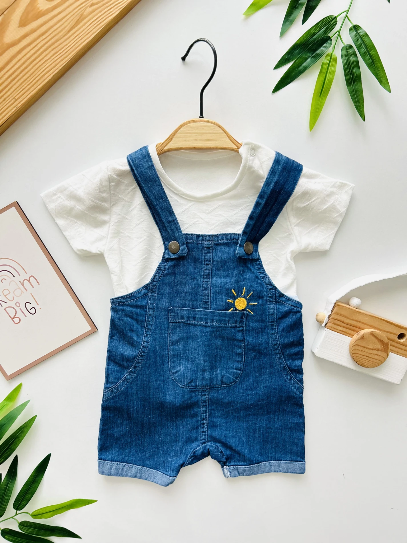 Güneş Temalı Denim Kot Salopetli %100 Pamuk Tişörtlü 2’li Takım
