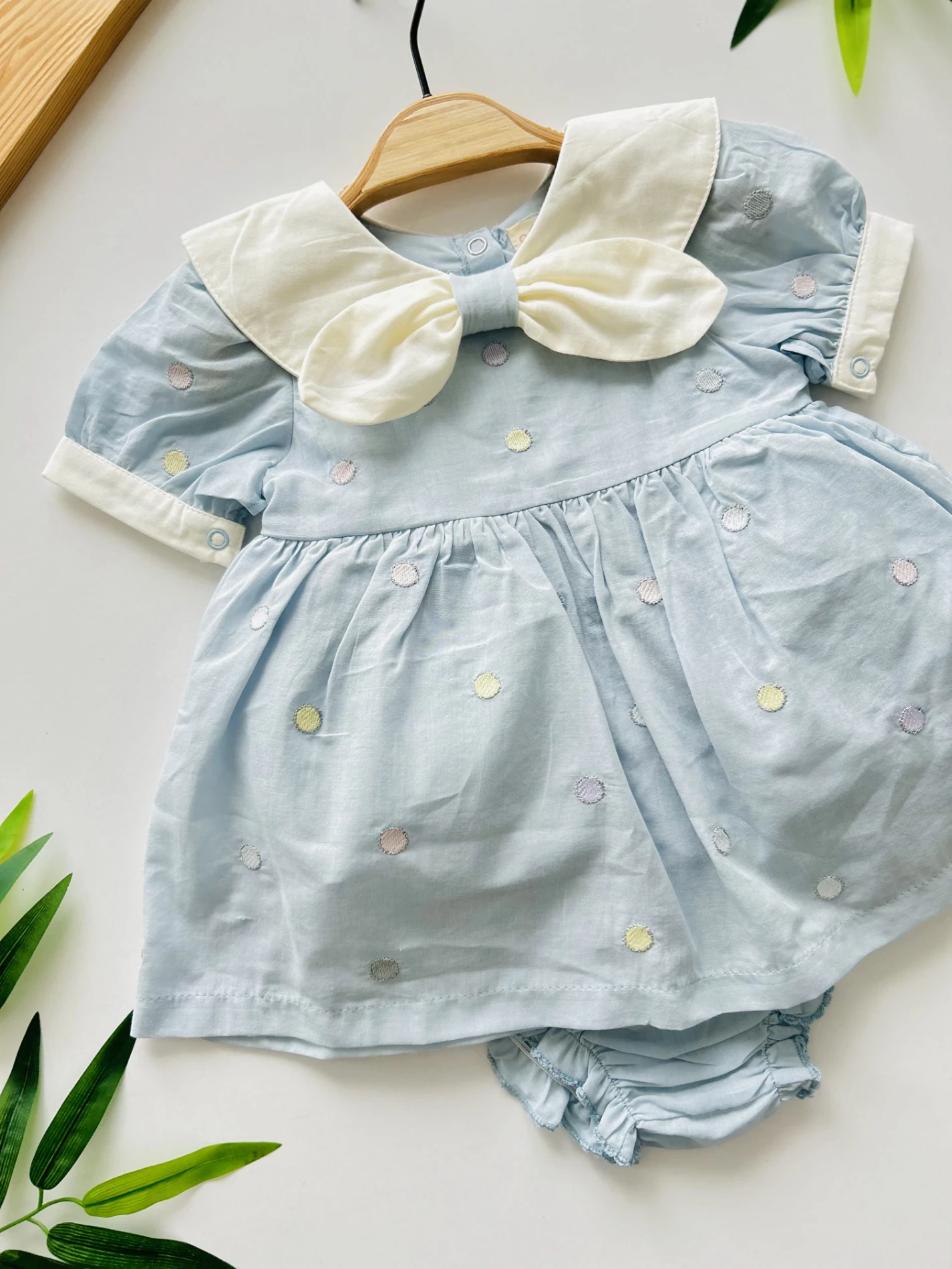 Lily  Fiyonk Bebe Yakalı  Puantiye Desenli  İşlemeli Premium Kalite 2 Parça Külotlu Elbise Set