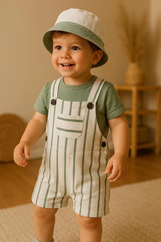 Çizgili Safari Şapkalı Omuzdan Çıtçıtlı Badili Yazlık Slopet Takım