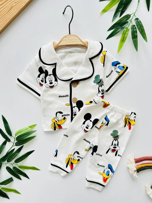 Mickey Mouse  Desenli %100 Pamuk Bebe Yakalı Pijama Takımı
