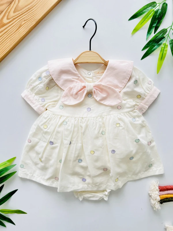 Isabella  Fiyonk Bebe Yakalı  Puantiye Desenli  İşlemeli Premium Kalite 2 Parça Külotlu Elbise Set