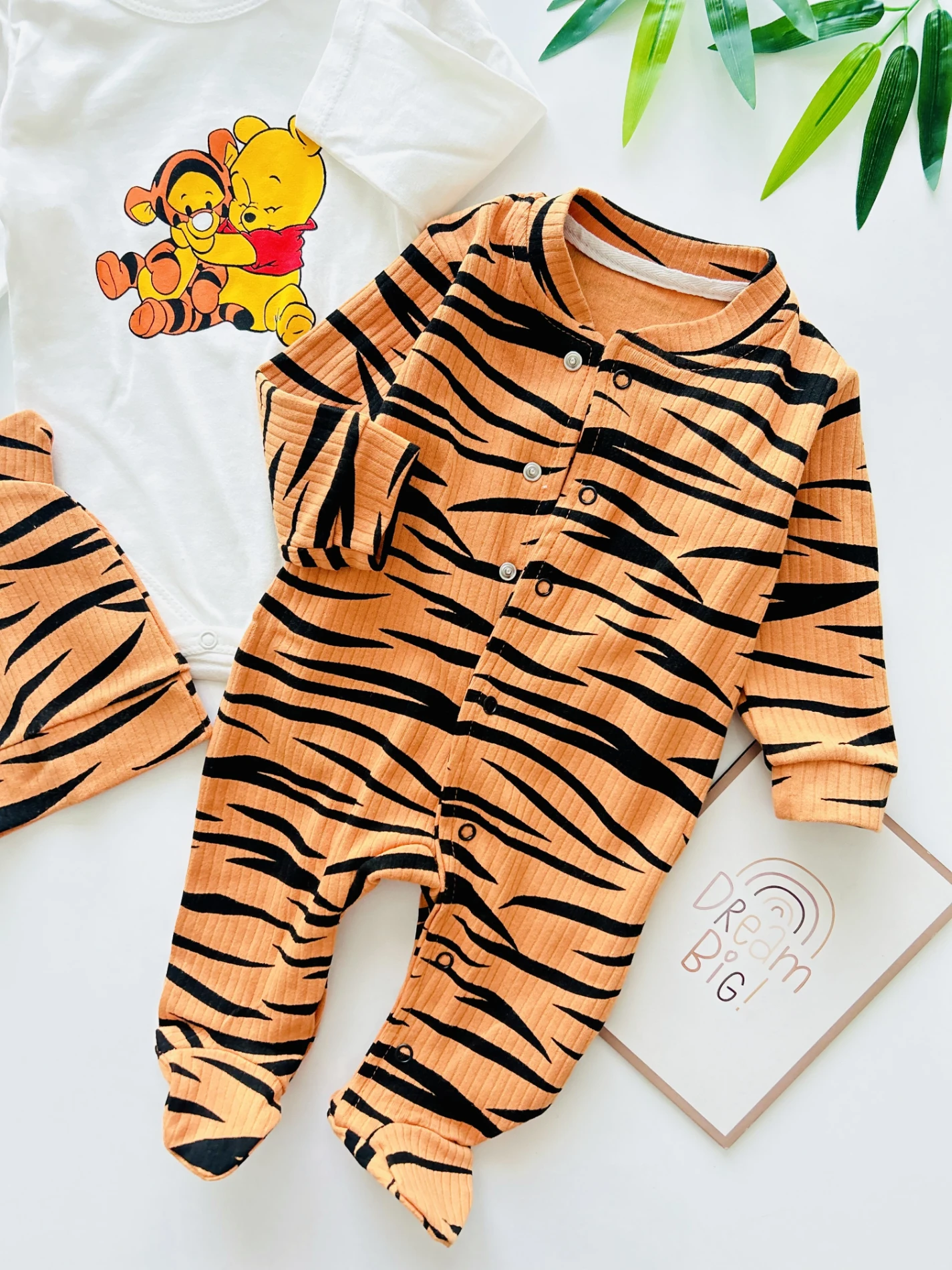 Winnie The Pooh Zebra Desenli Zıbınlı Şapkalı 3’lü Pamuklu Tulum