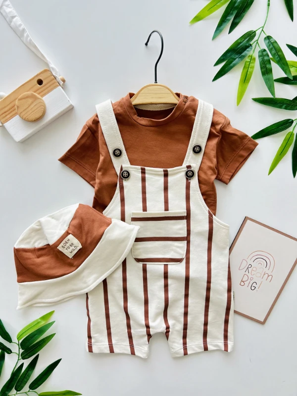 Çizgili Safari Şapkalı Omuzdan Çıtçıtlı Badili Yazlık Slopet Takım