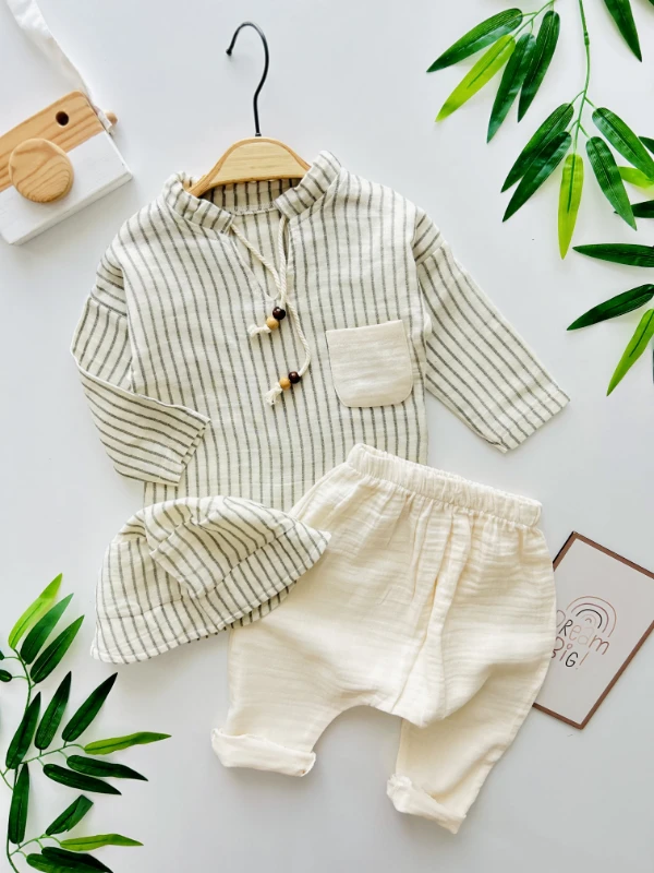 Çizgili Desenli Müslin Kumaş Gömlekli Pantalonlu Bucket Şapkalı 3’lü Takım