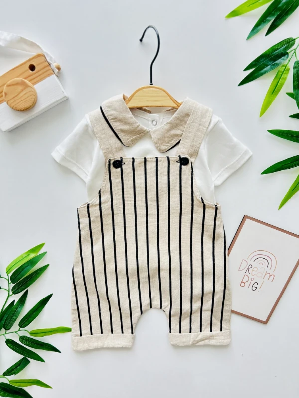 Hanry Çizgili Keten Kumaş %100 Pamuk Salopetli Gömlek Yaka Tişörtlü %100 Pamuk Model