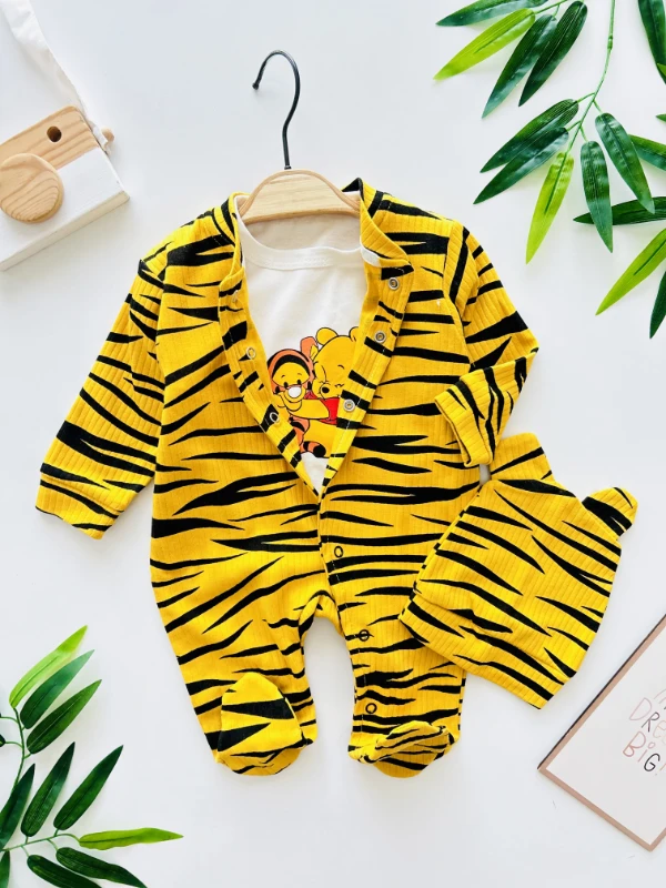 Winnie The Pooh Zebra Desenli Zıbınlı Şapkalı 3’lü Pamuklu Tulum
