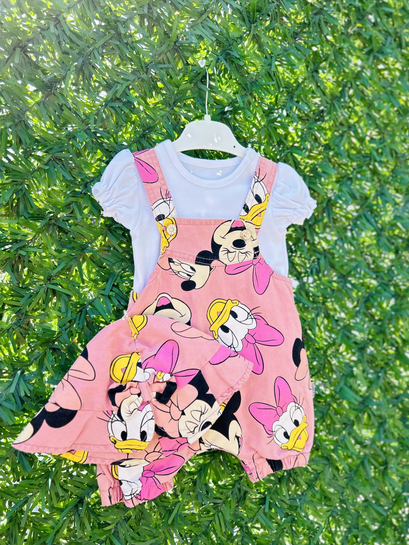 Minnie Mouse Desenli Kot Salopetli Bucket Şapkalı 3’lü Set
