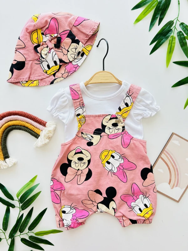 Minnie Mouse Desenli Kot Salopetli Bucket Şapkalı 3’lü Set