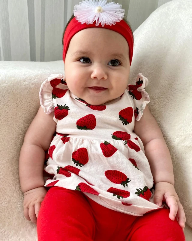 Çilek Desenli Kısa Taytlı Bandanalı 3’lü Yazlık Set