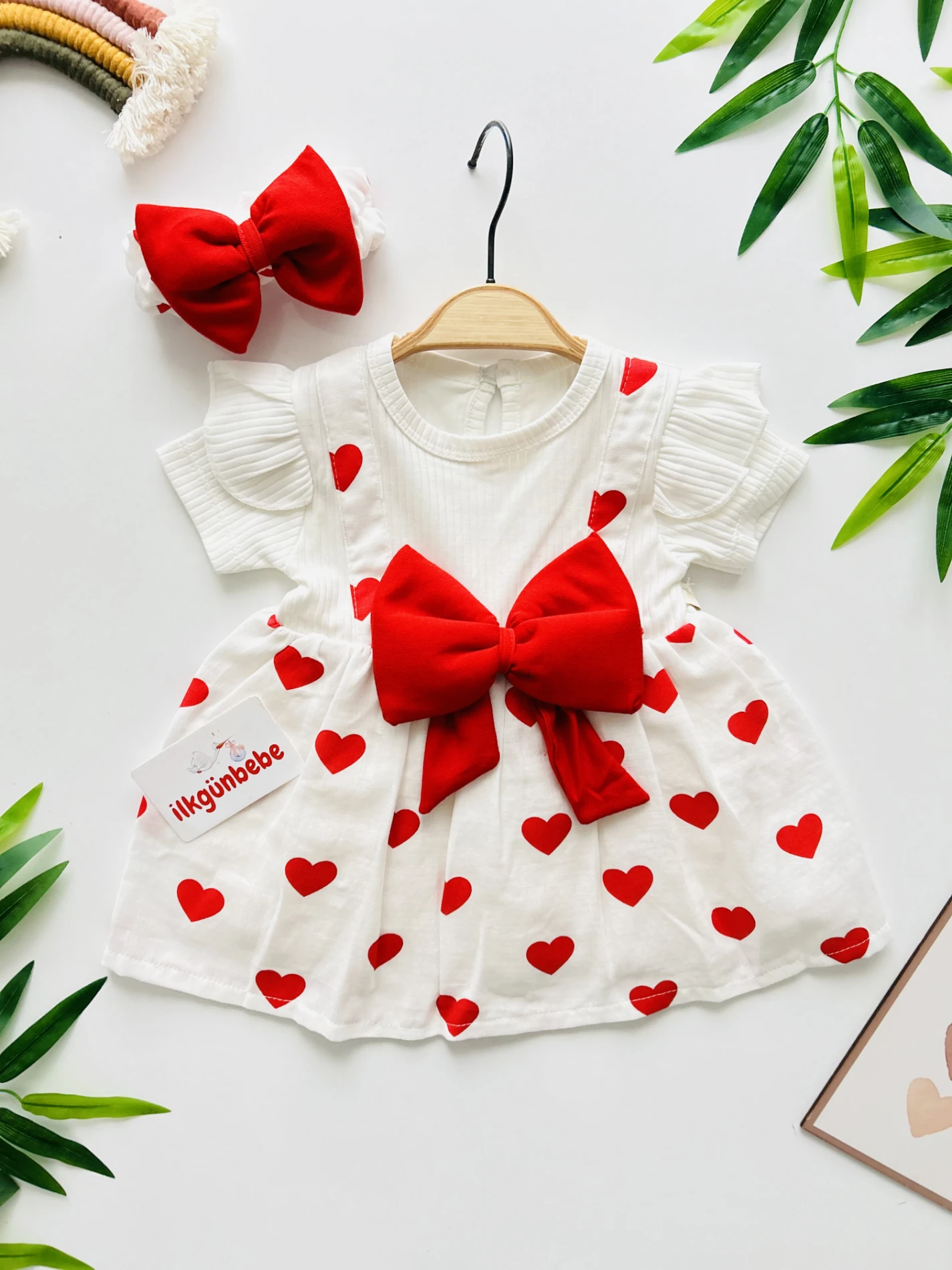 Büyük Fiyonklu Kalp Desenli %100 Pamuk Bandanalı Elbise Set