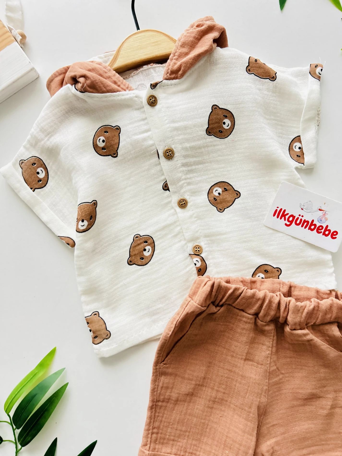 Teddy Bear Kapüşonlu Müslin %100 Pamuk 2’li Şortlu Takım