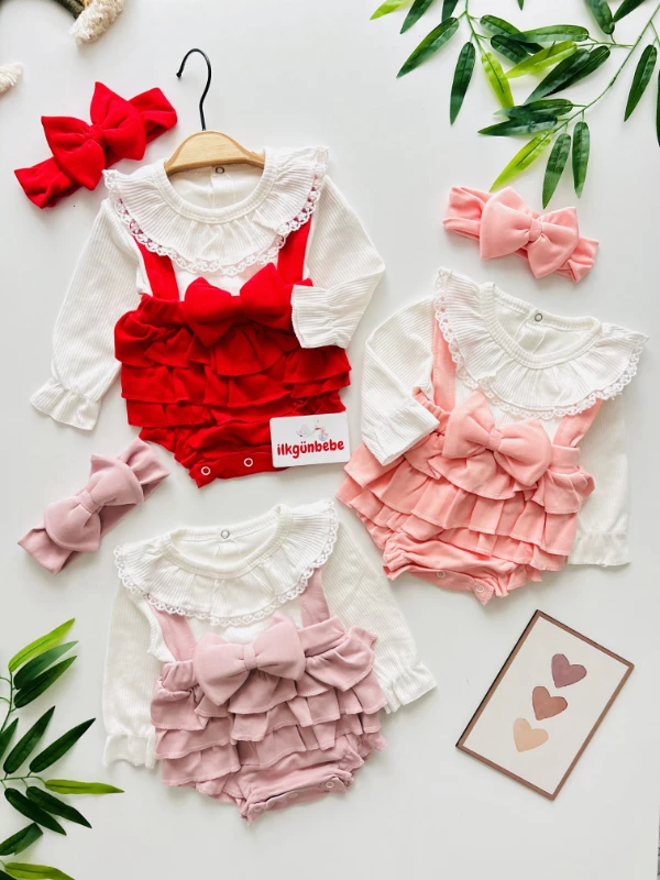 Fiyonk Detaylı Fırfırlı Romper %100 Pamuk Bandanalı Takım