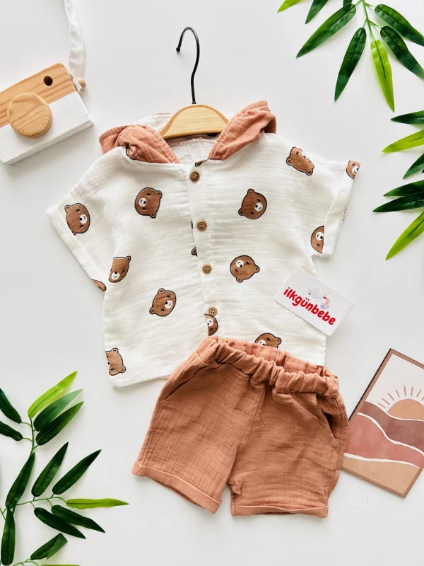 Teddy Bear Kapüşonlu Müslin %100 Pamuk 2’li Şortlu Takım