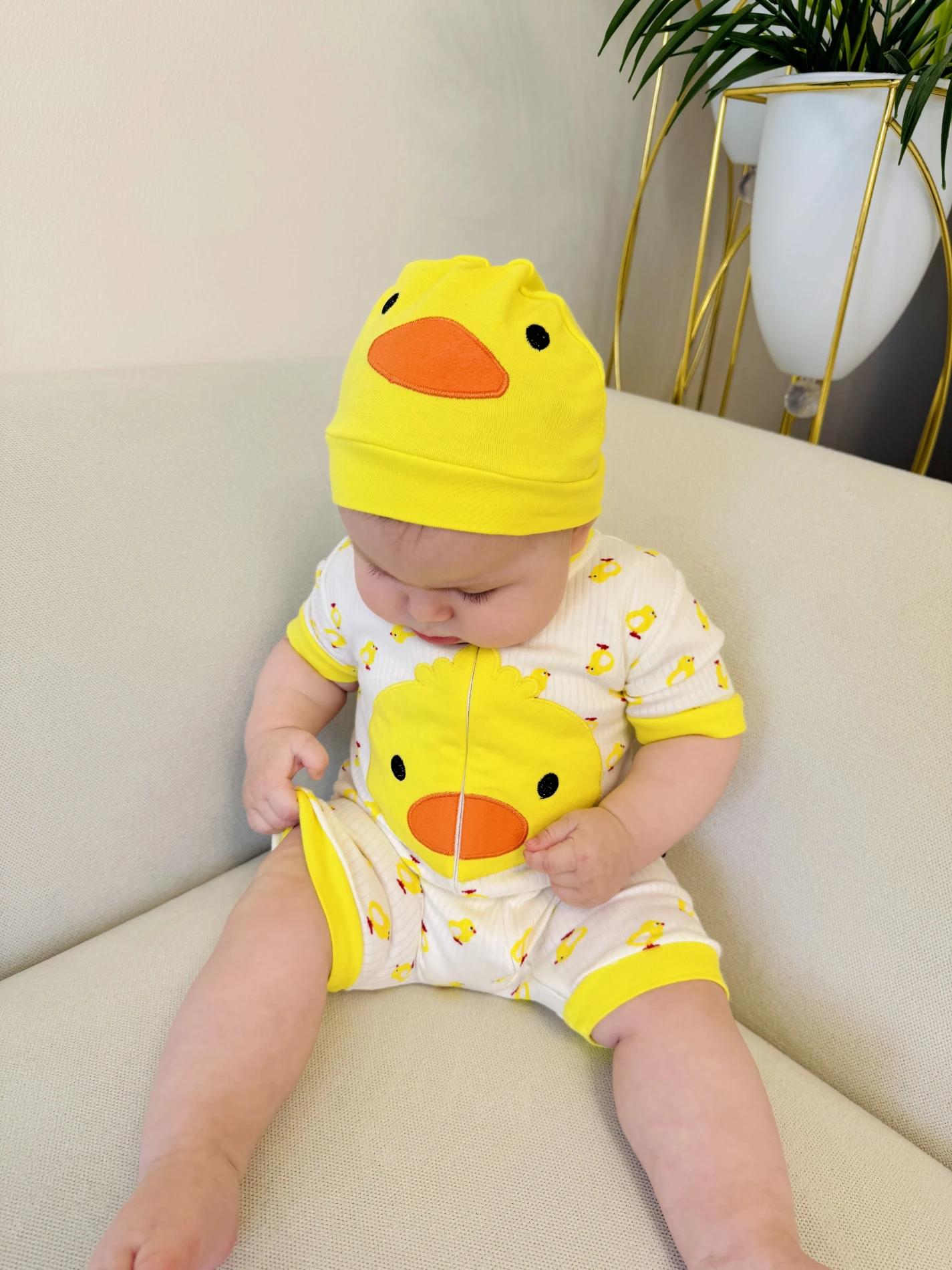 Minik Civciv Desenli %100 Pamuk Yumuşacık Unisex Tulum Set