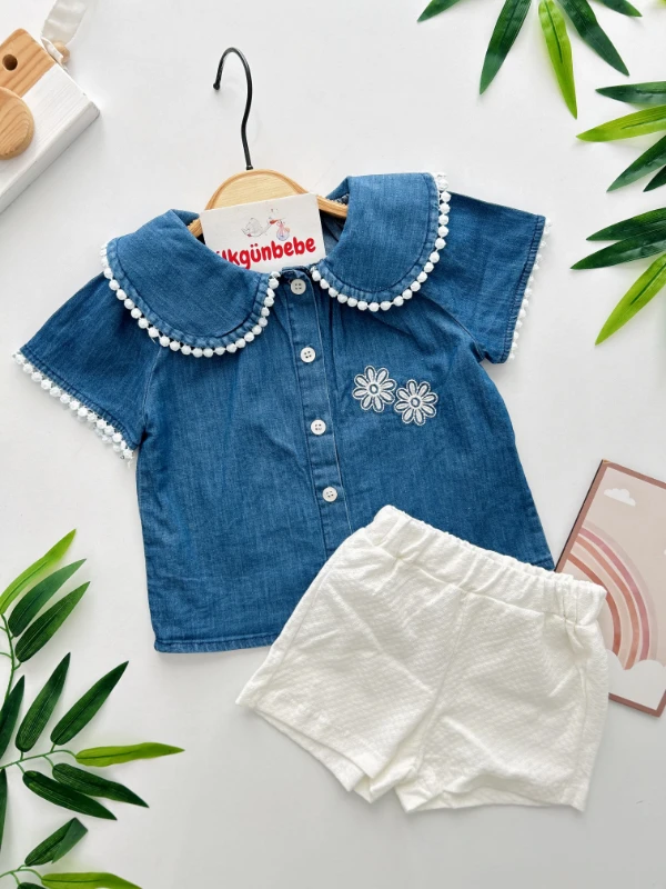 Çiçek Nakışlı Yaka Detaylı Premium Kalite Kot Keten 2’li Takım