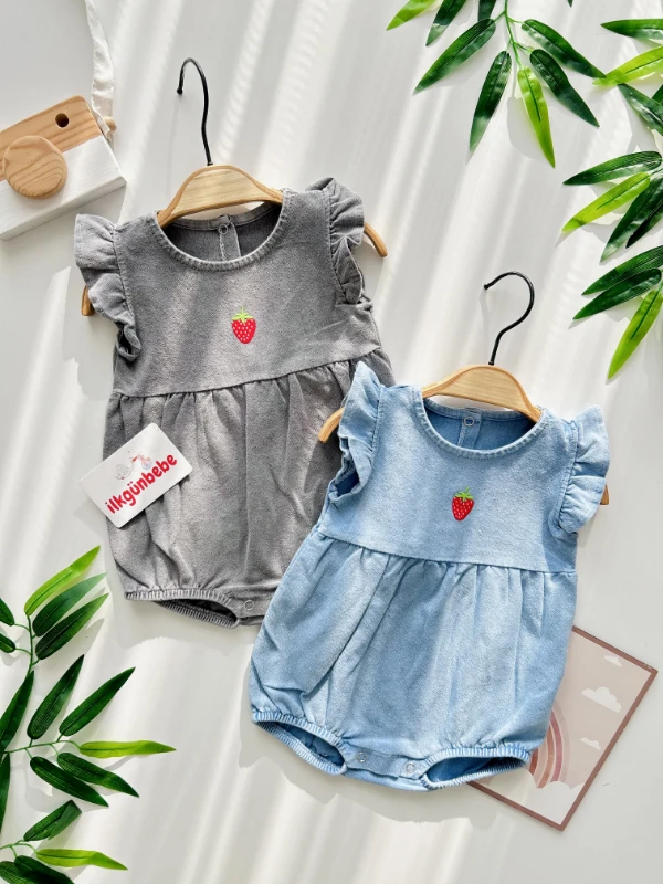 Çilek Nakışlı Denim Yumuşacık Kot Romper 
