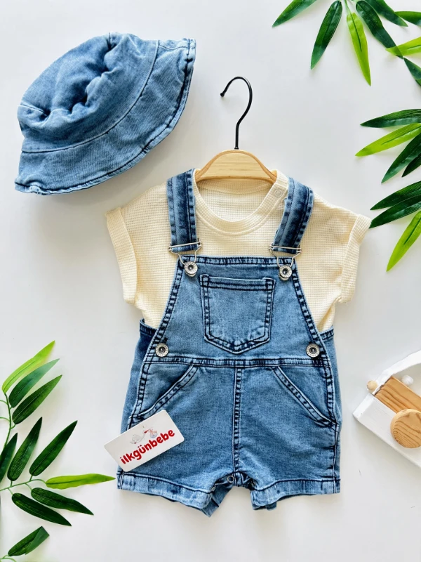 Likralı Yumuşacık Kot Kumaş Bucket Kot Şapkalı Waffle Nefes Alan Kumaş Tişörtlü 3’lü Takıl