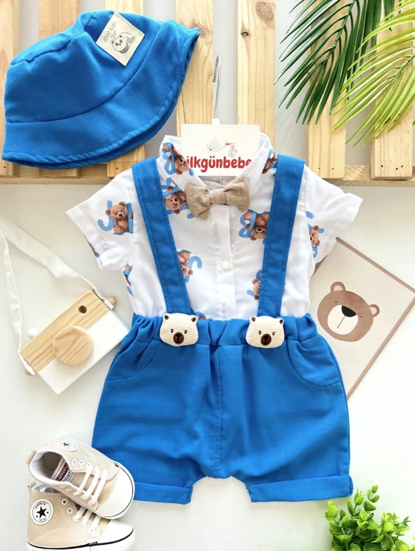 Ayıcık Desenli Papyonlu Gömlekli Bucket Şapkalı Müslin Salopetli Tarz 3’lü Takım