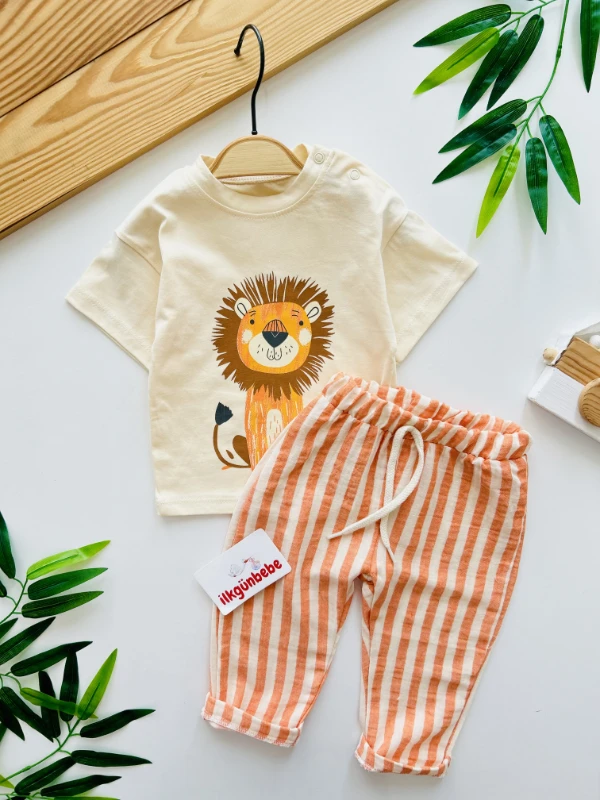Aslan Figürlü Çizgili Müslin Kumaş 2’li Takım