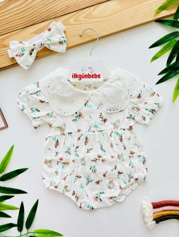 Olivia Fisto Yaka Zarif Detaylı Çiçek Temalı Romper Bandanalı Set
