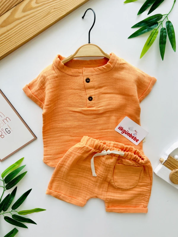 Müslin Kumaş Cepli Şortlu Ahşap Düğmeli 2’li Takım