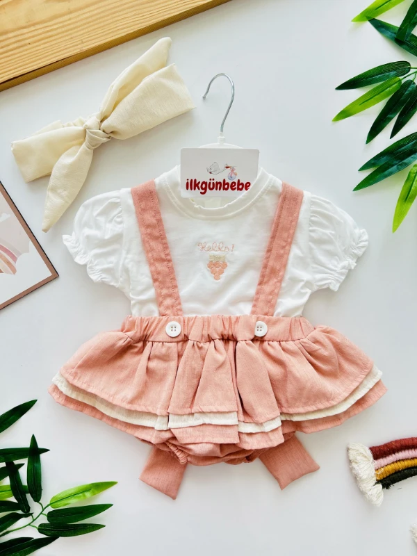 Isabella Hello Love Kol Fırfır Detaylı Müslin Romperli Arkası Fiyonklu Elbise Set