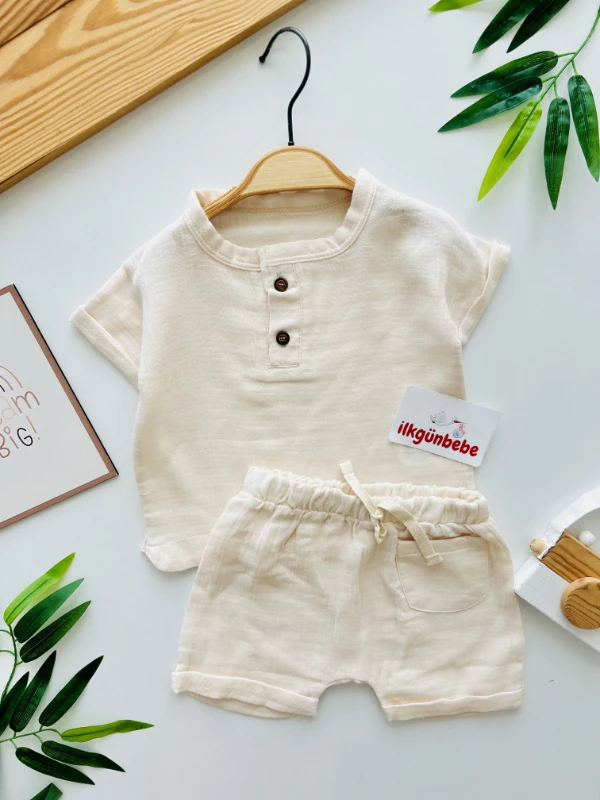 Müslin Kumaş Cepli Şortlu Ahşap Düğmeli 2’li Takım