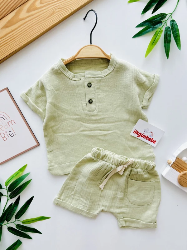 Müslin Kumaş Cepli Şortlu Ahşap Düğmeli 2’li Takım