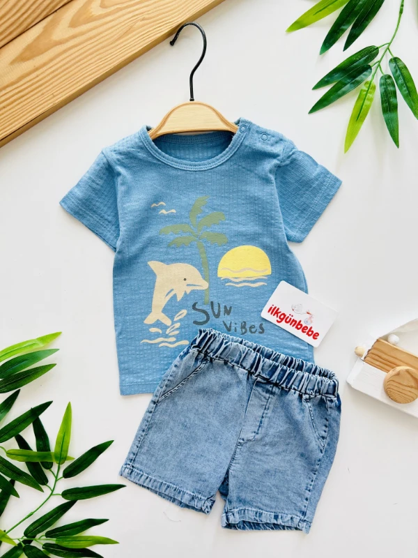 Sun Vibes Nefes Alan %100 Pamuk Tişörtlü Kot Şortlu Takım