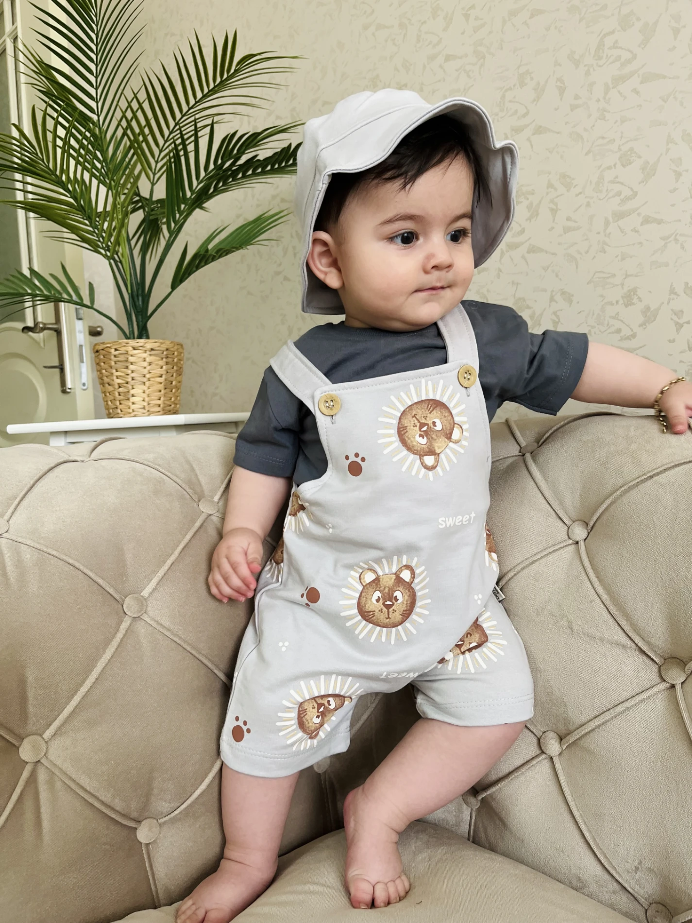 Sweet Animals Bucket Şapkalı %100 Pamuk  Kumaşlı Tişörtlü Salopetli 3’lü Takım