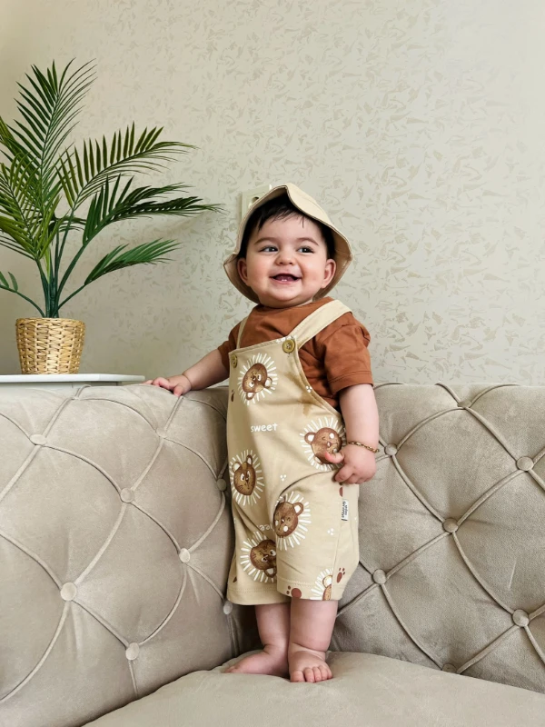 Sweet Animals Bucket Şapkalı %100 Pamuk  Kumaşlı Tişörtlü Salopetli 3’lü Takım