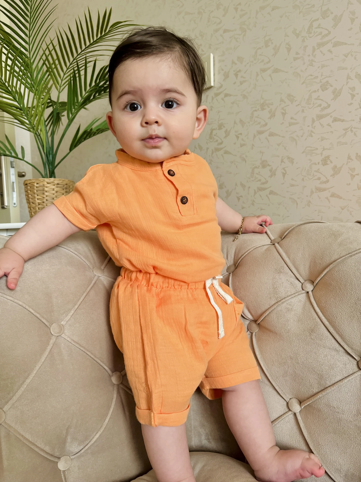 Müslin Kumaş Cepli Şortlu Ahşap Düğmeli 2’li Takım