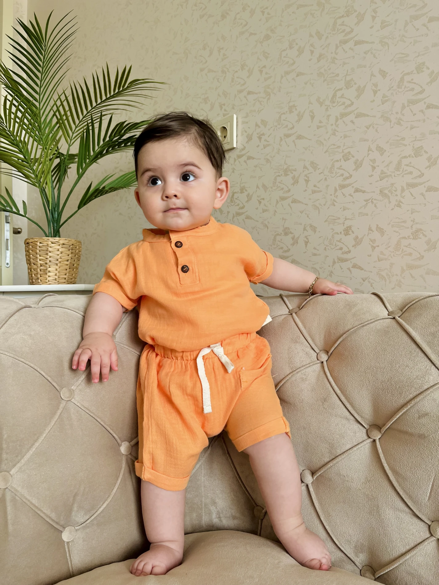 Müslin Kumaş Cepli Şortlu Ahşap Düğmeli 2’li Takım