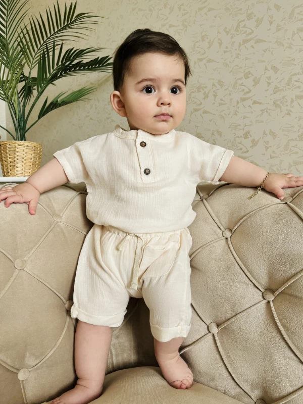 Müslin Kumaş Cepli Şortlu Ahşap Düğmeli 2’li Takım