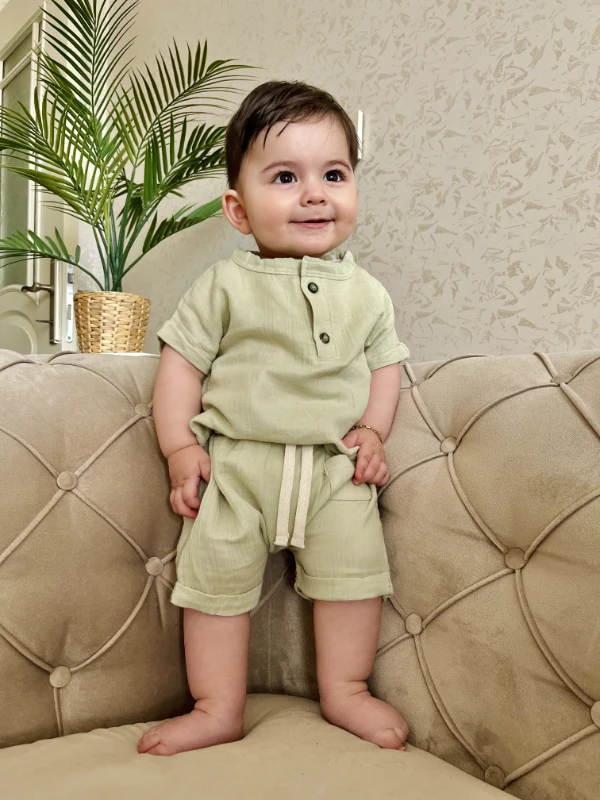 Müslin Kumaş Cepli Şortlu Ahşap Düğmeli 2’li Takım