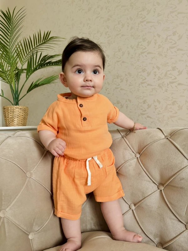 Müslin Kumaş Cepli Şortlu Ahşap Düğmeli 2’li Takım