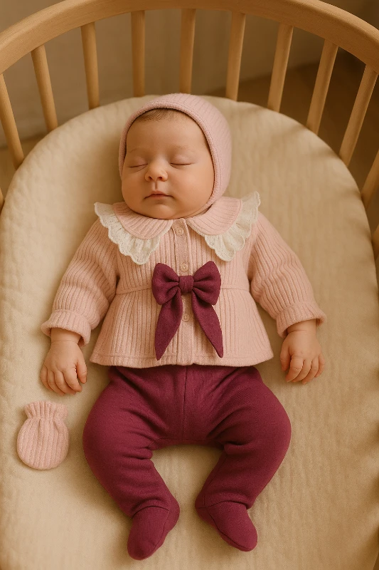 Fisto Yaka Fiyonk Detaylı 5 Parça %100 Pamuk Yenidoğan Hastane Çıkışı Seti