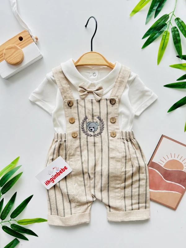Teddy Bear Nakışlı Çizgili Keten Salopetli Papyonlu 3’lü Set