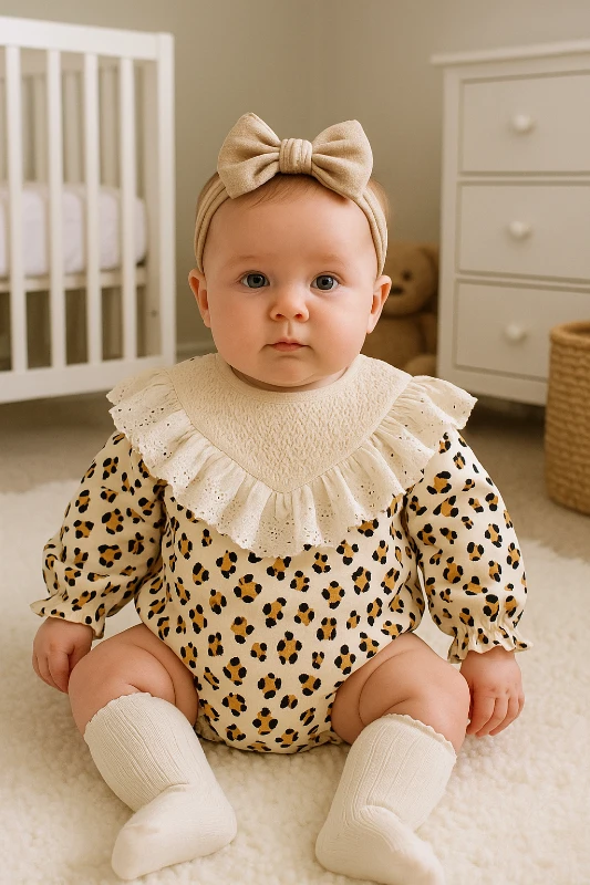 Leopar Desenli Yaka Detaylı %100 Pamuk Premium Kalite Romper Çorap Set