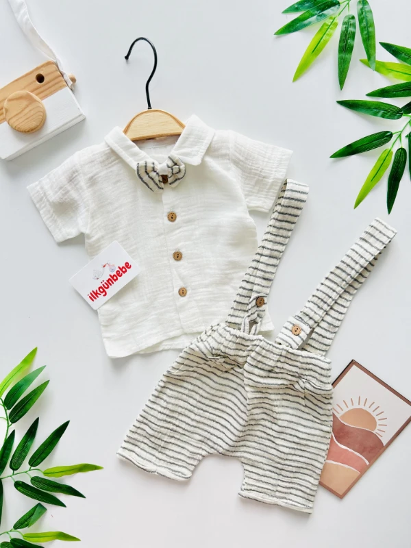 Çizgili Desenli Müslin Kumaş Papyonlu Salopetli Takım