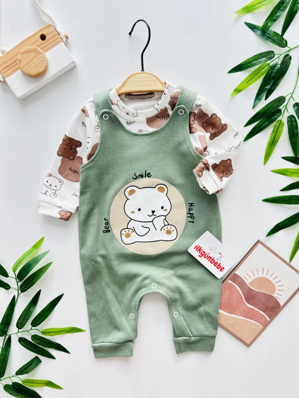 Bear Smile Happy %100 Pamuk Zıbınlı Bodyli Salopet 2’li Takım