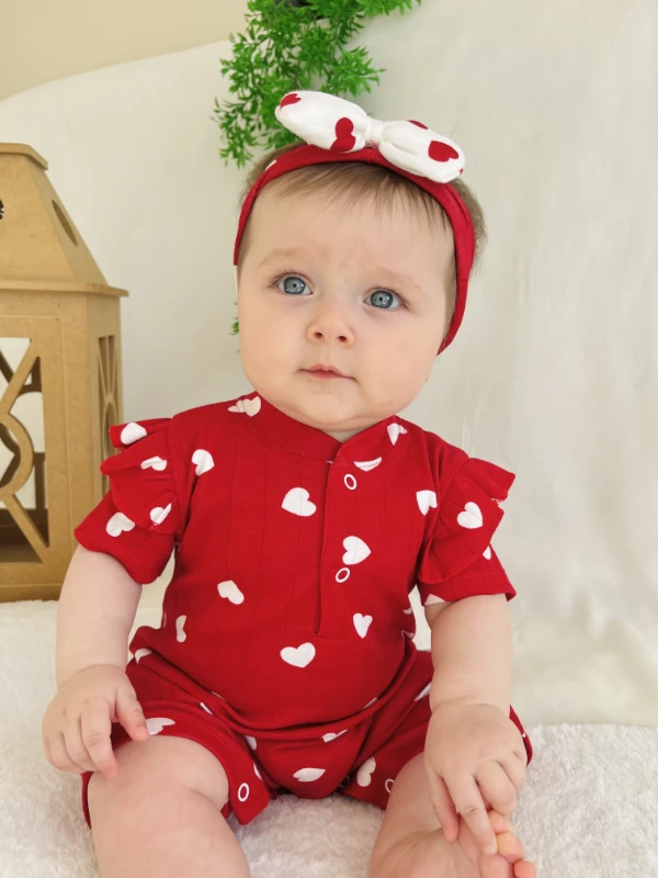 Minik Kalp Desenli %100 Pamuk Bandanalı Yazlık Tulum